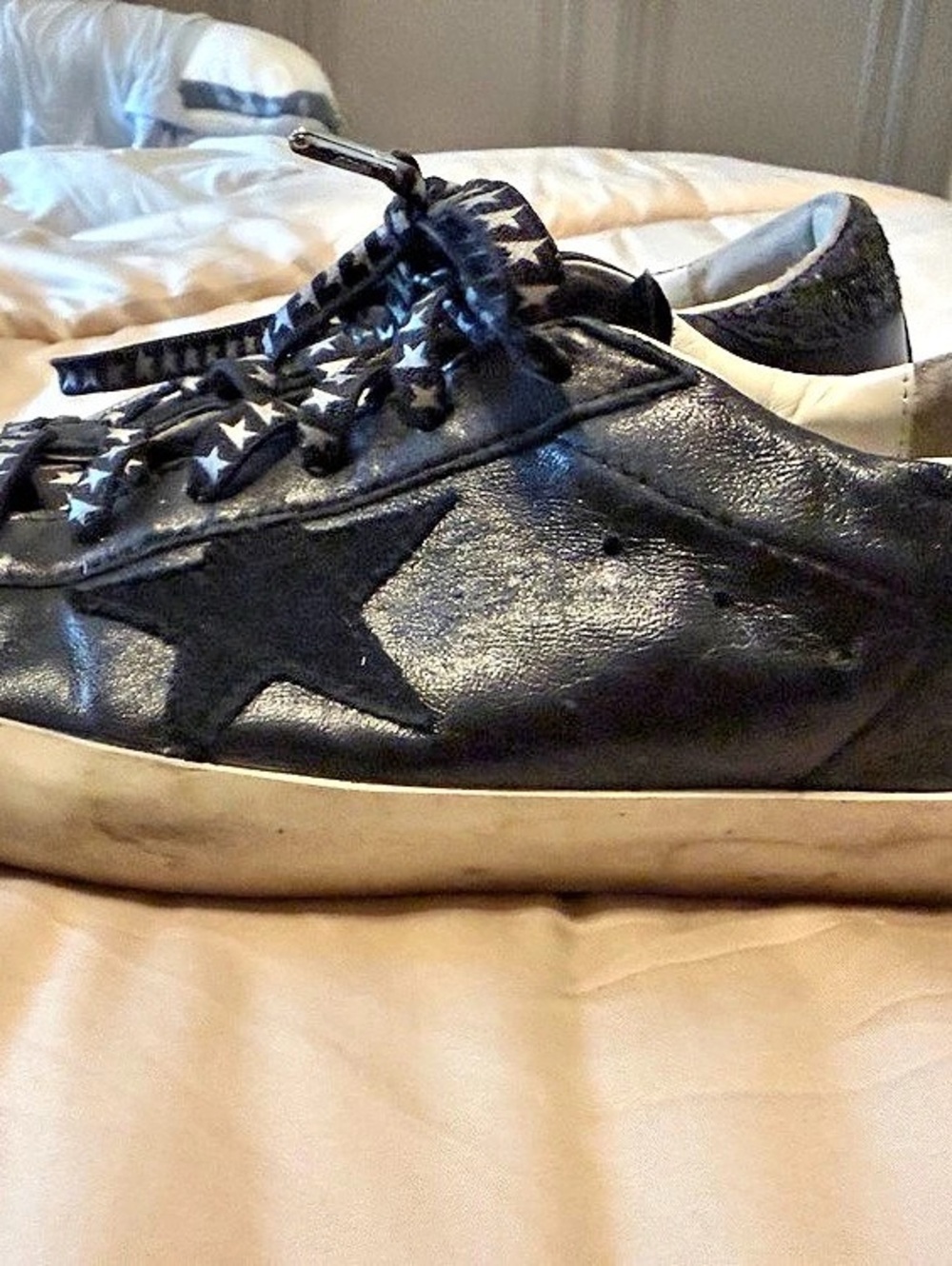 Golden Goose Super-Star Sneakers in Black Leather with Glitter Heel Black